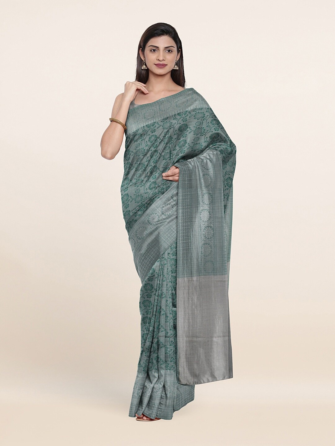 

Pothys Green & Silver-Toned Woven Design Zari Art Silk Saree