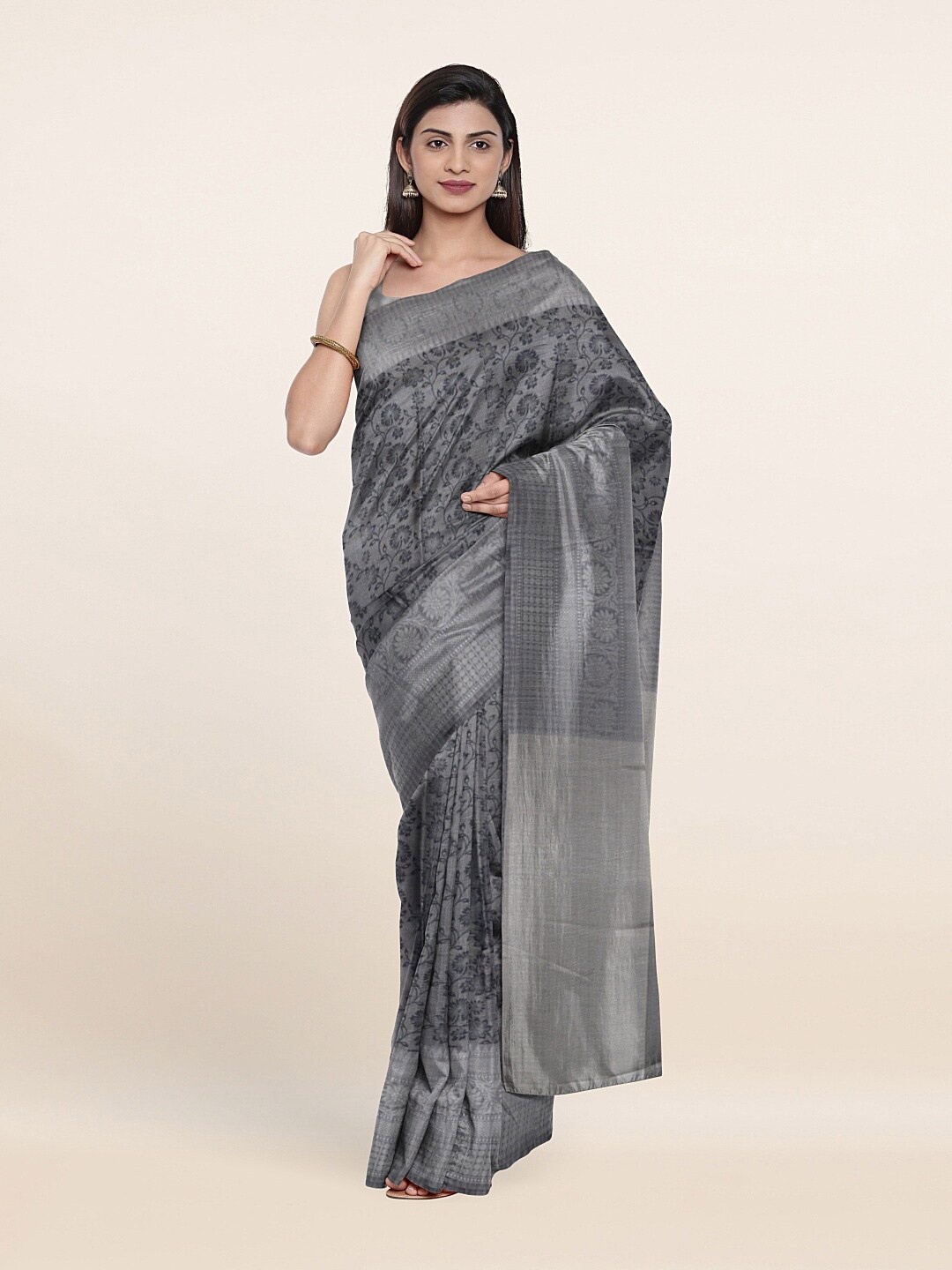 

Pothys Grey & Silver-Toned Floral Woven Design Art Silk Saree