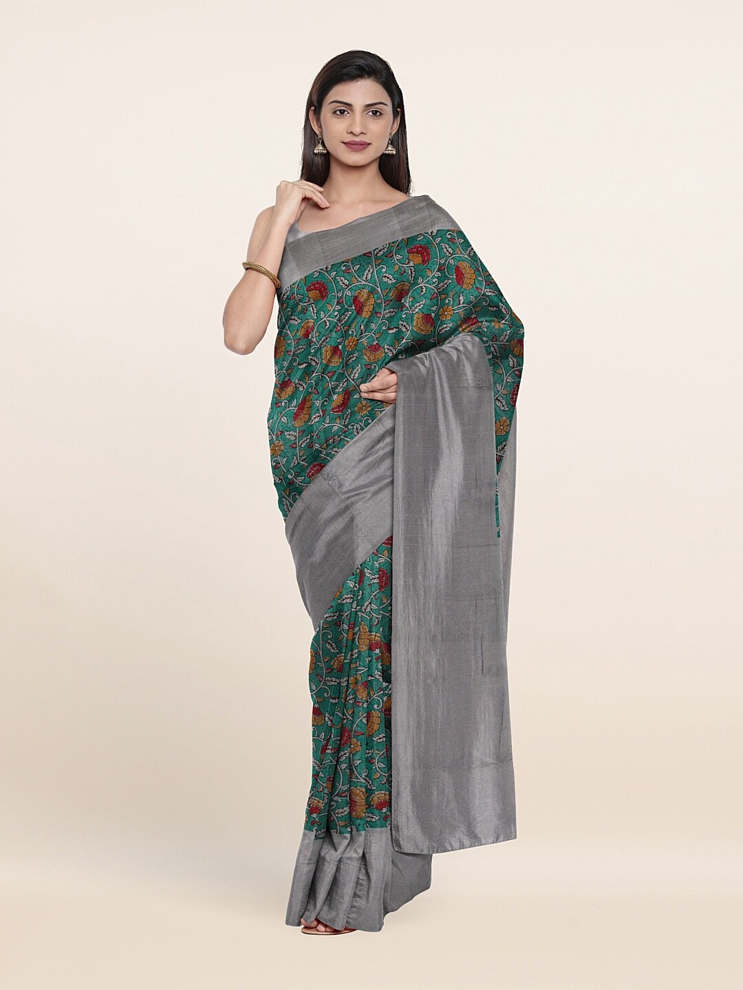 

Pothys Green & Grey Floral Jute Silk Saree
