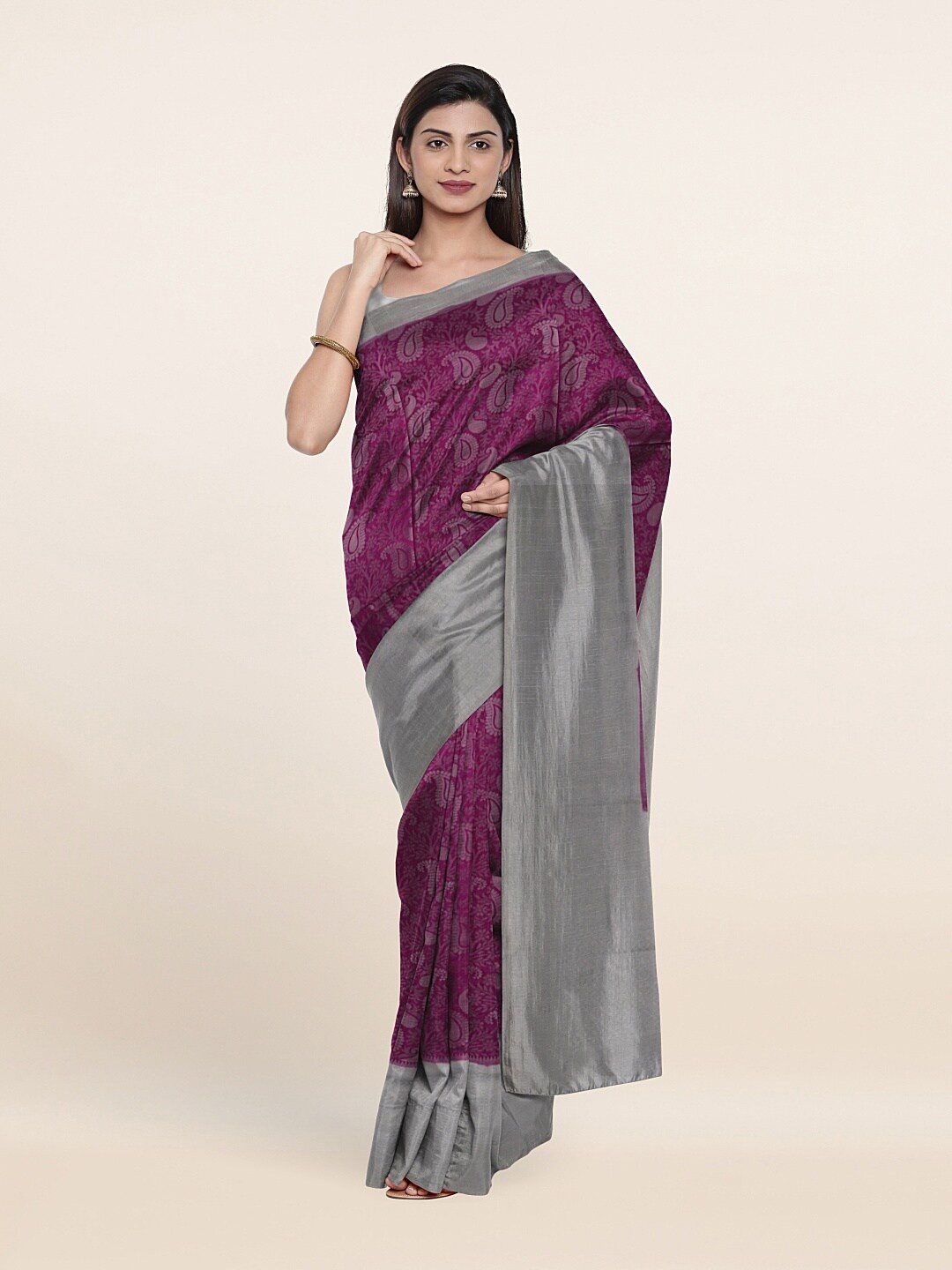 

Pothys Pink & Silver-Toned Paisley Zari Art Silk Saree