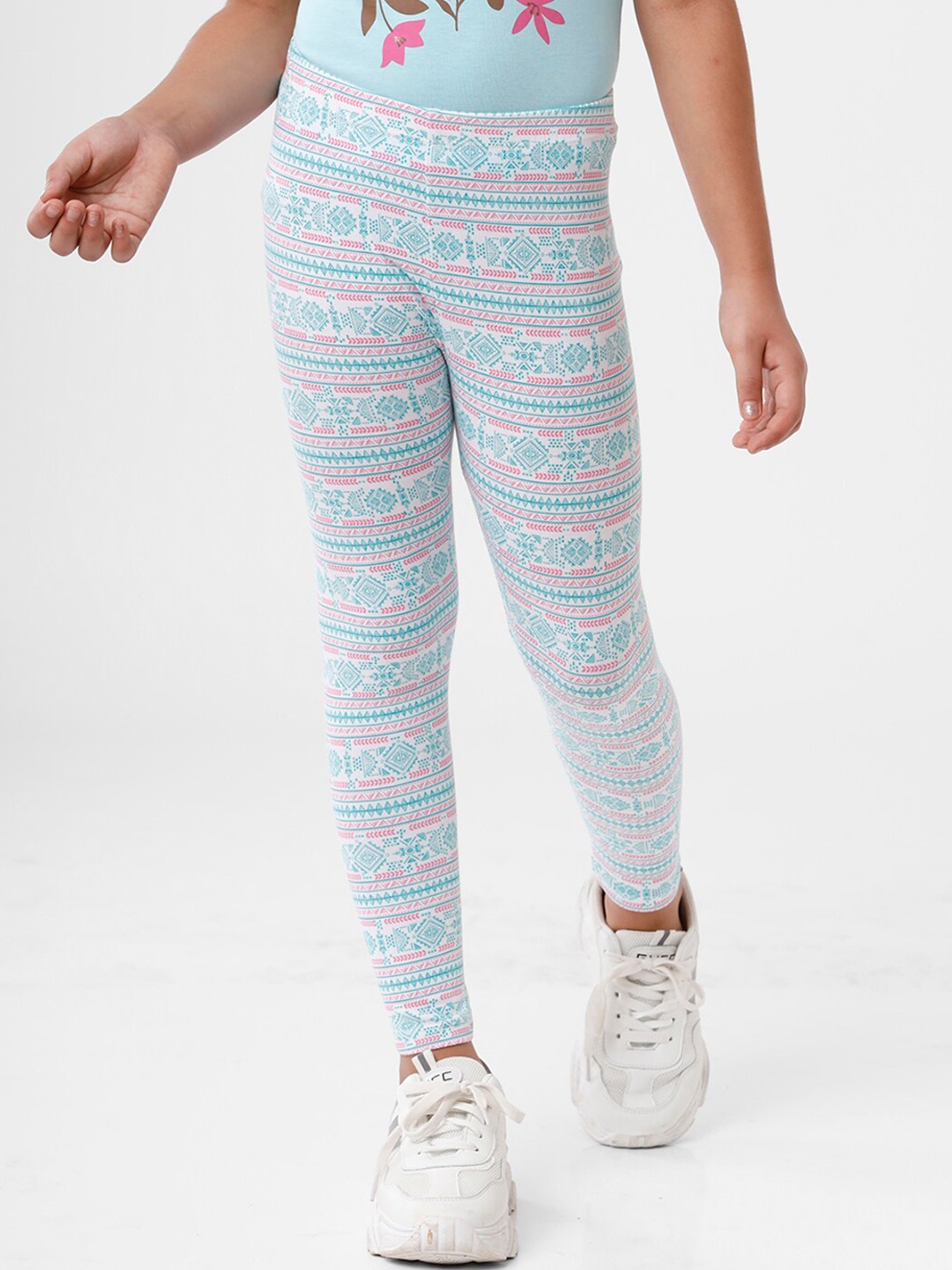 

De Moza Girls White & Pink Printed Ankle-Length Leggings