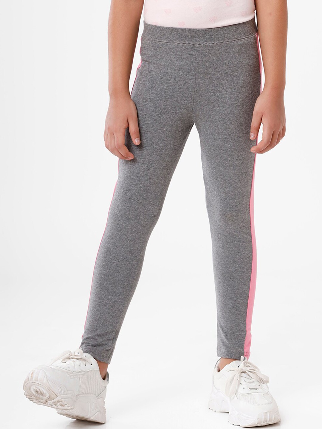 

De Moza Girls Grey Melange & Pink Printed Cotton Ankle-Length Leggings