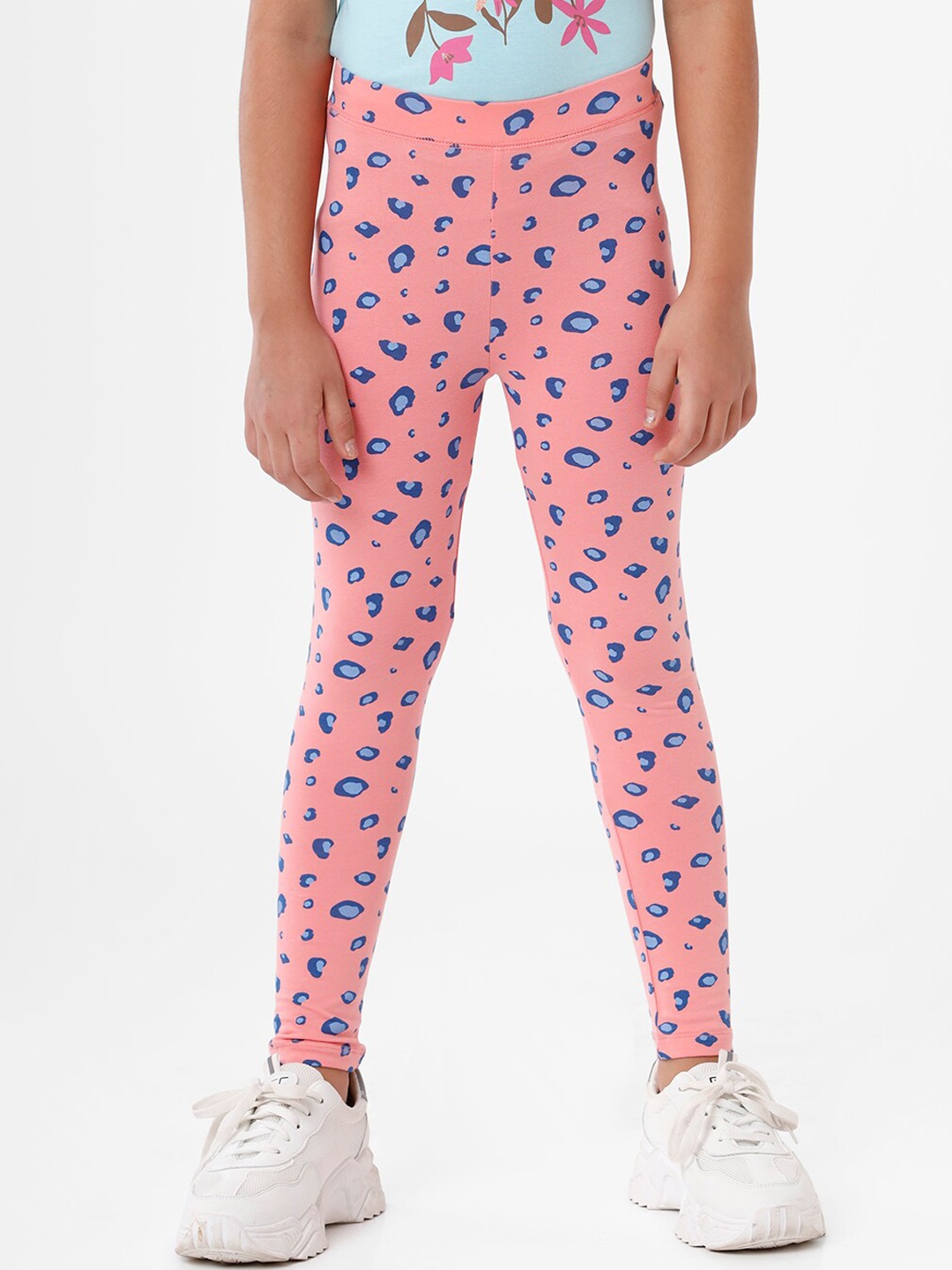 

De Moza Girls Peach & Blue Printed Ankle-Length Leggings