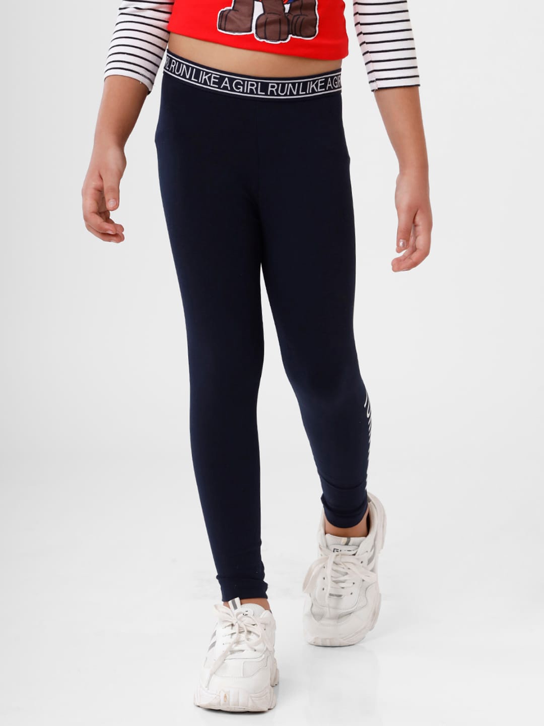 

De Moza Girls Dark Navy Blue & White Typography Printed Cotton Ankle-Length Leggings