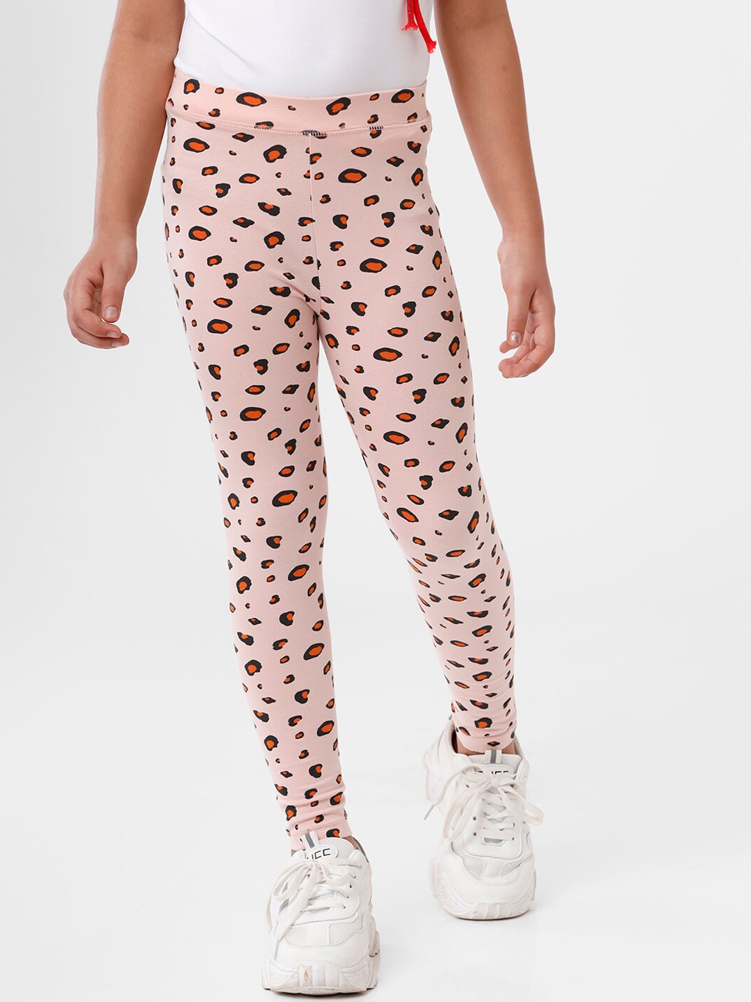 

De Moza Kids Girls Peach Printed Cotton Ankle Length Leggings