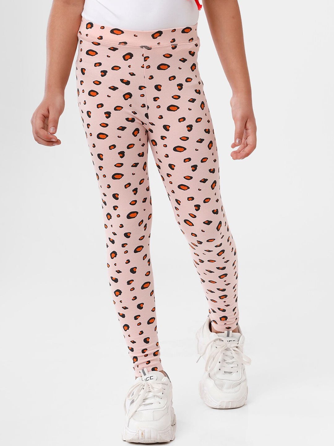 

De Moza Girls Peach-Colored & Black Printed Ankle-Length Leggings