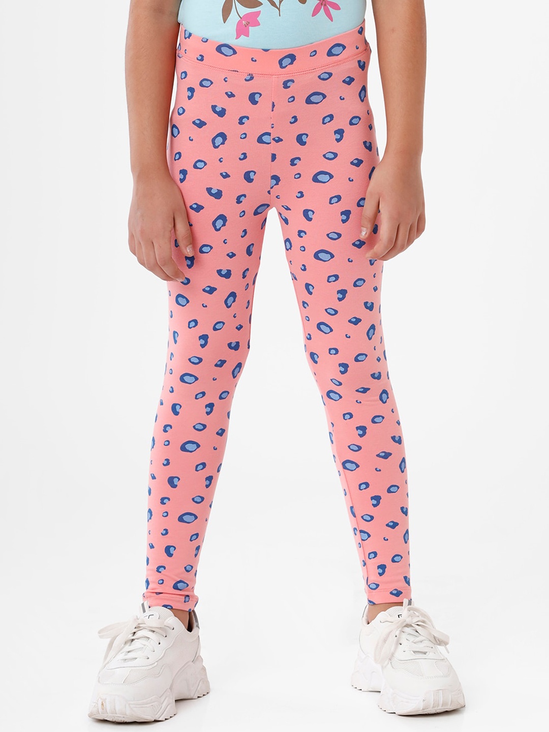 

De Moza Girls Peach Printed Ankle Length Cotton Leggings