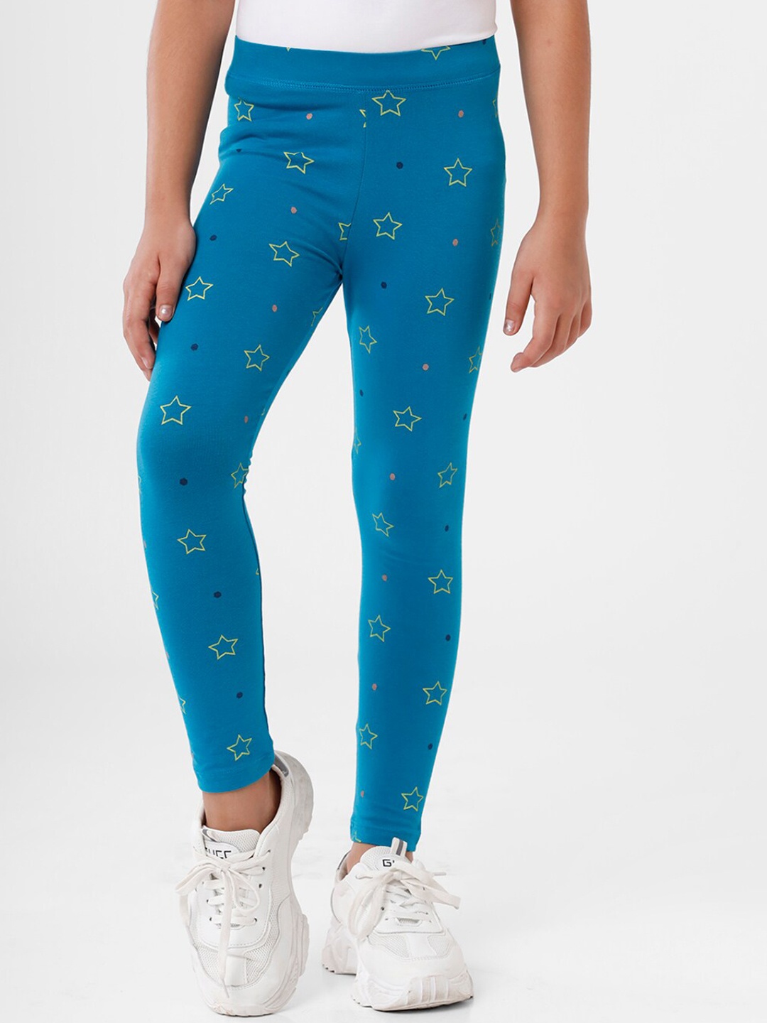 

De Moza Kids Girls Teal Blue Printed Cotton Ankle Length Leggings