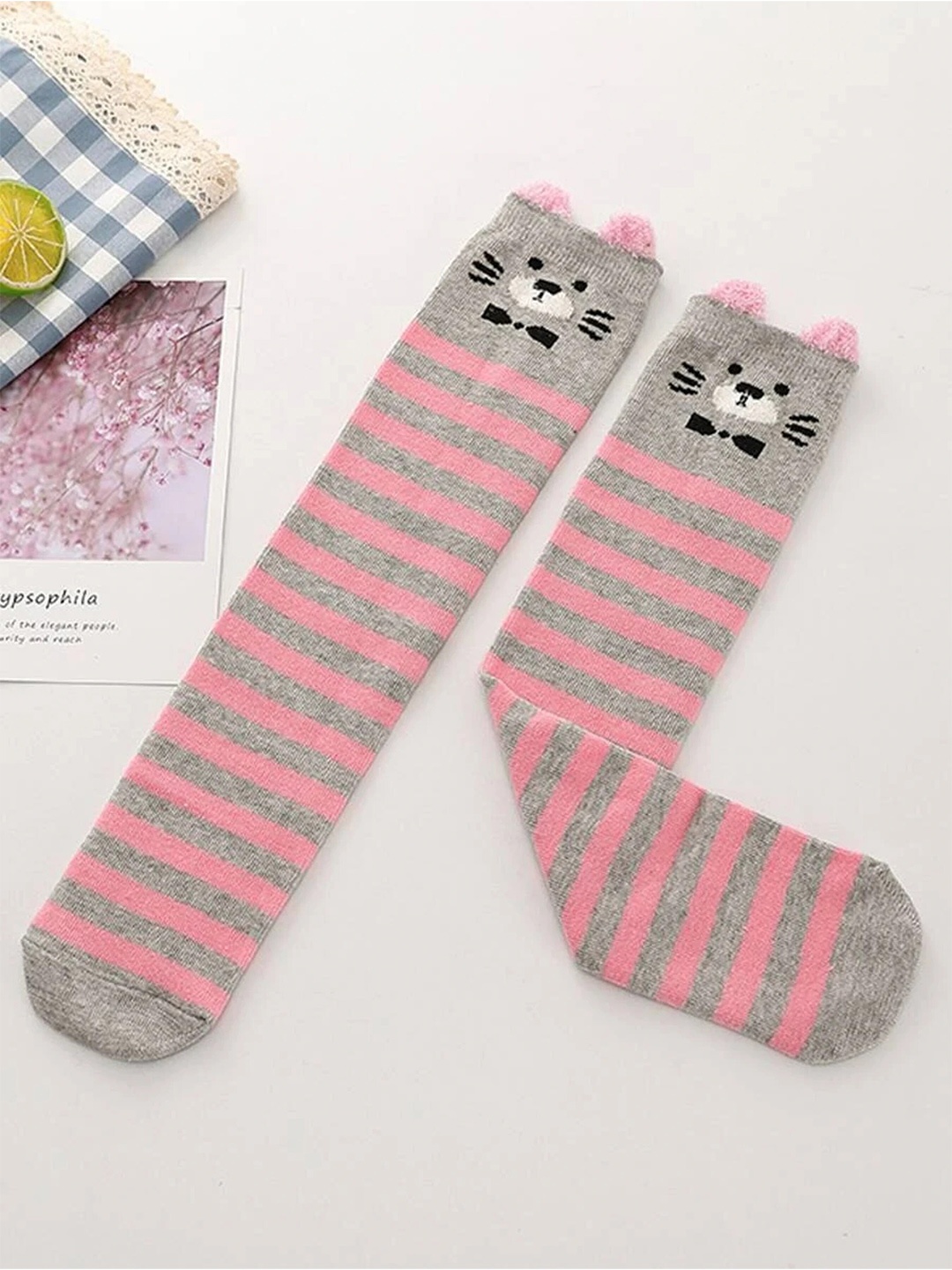 

EL REGALO Girls Pink Striped Printed Knee Length Socks