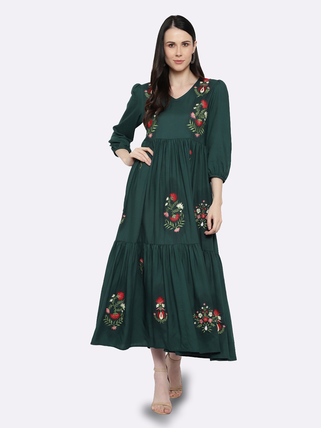 

shashvi Women Green & Red Floral Embroidered Floral Anarkali Kurta