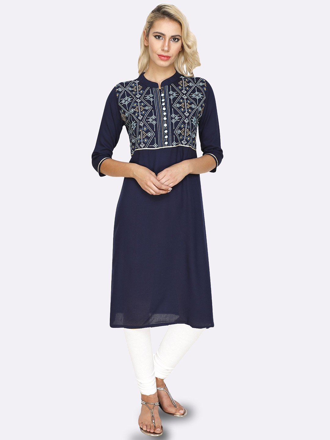 

shashvi Women Navy Blue Geometric Embroidered Kurta