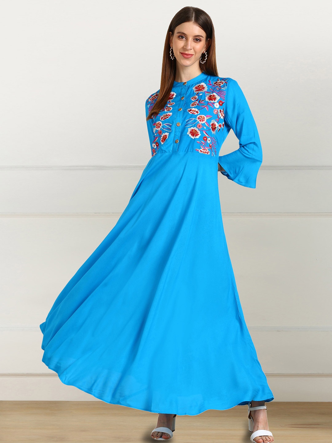 

shashvi Turquoise Blue & Red Floral Embroidered Thread Work Thread Work Anarkali Kurti