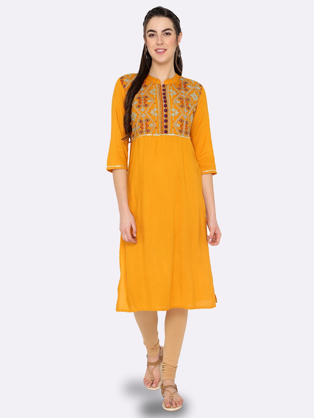 

shashvi Women Yellow & Yellow Geometric Yoke Design Thread Work Kurta