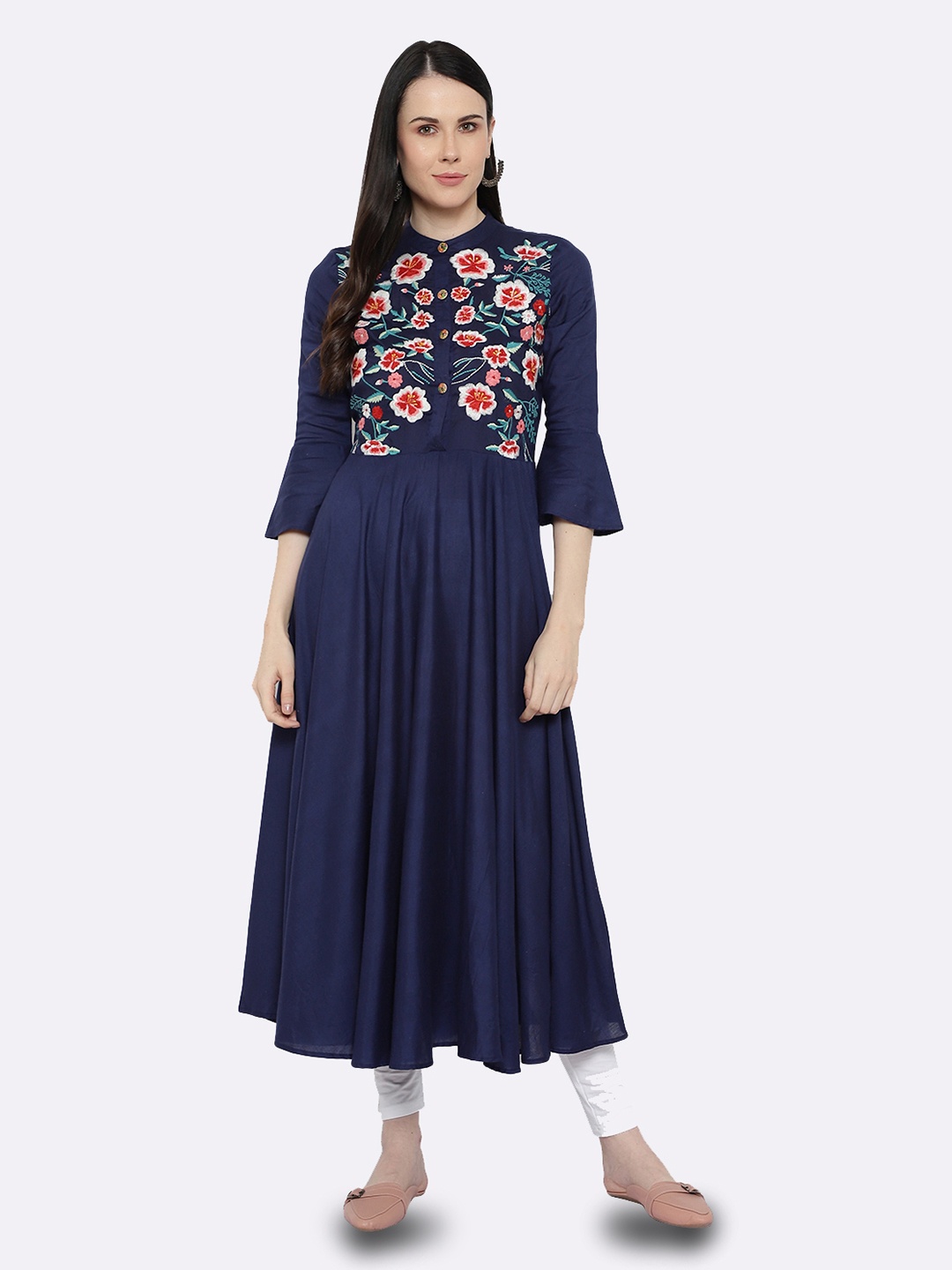 

shashvi Women Blue Embroidered Bell Sleeves Thread Work Floral Anarkali Kurta