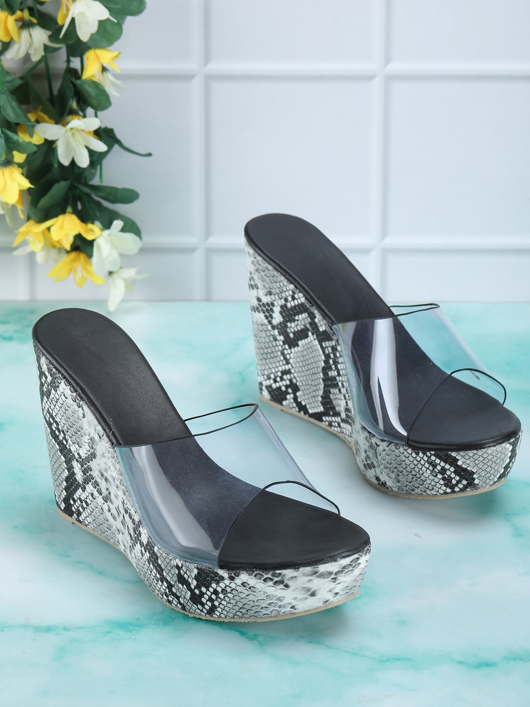 

HASTEN Black & Transparent Printed Wedge Sandals