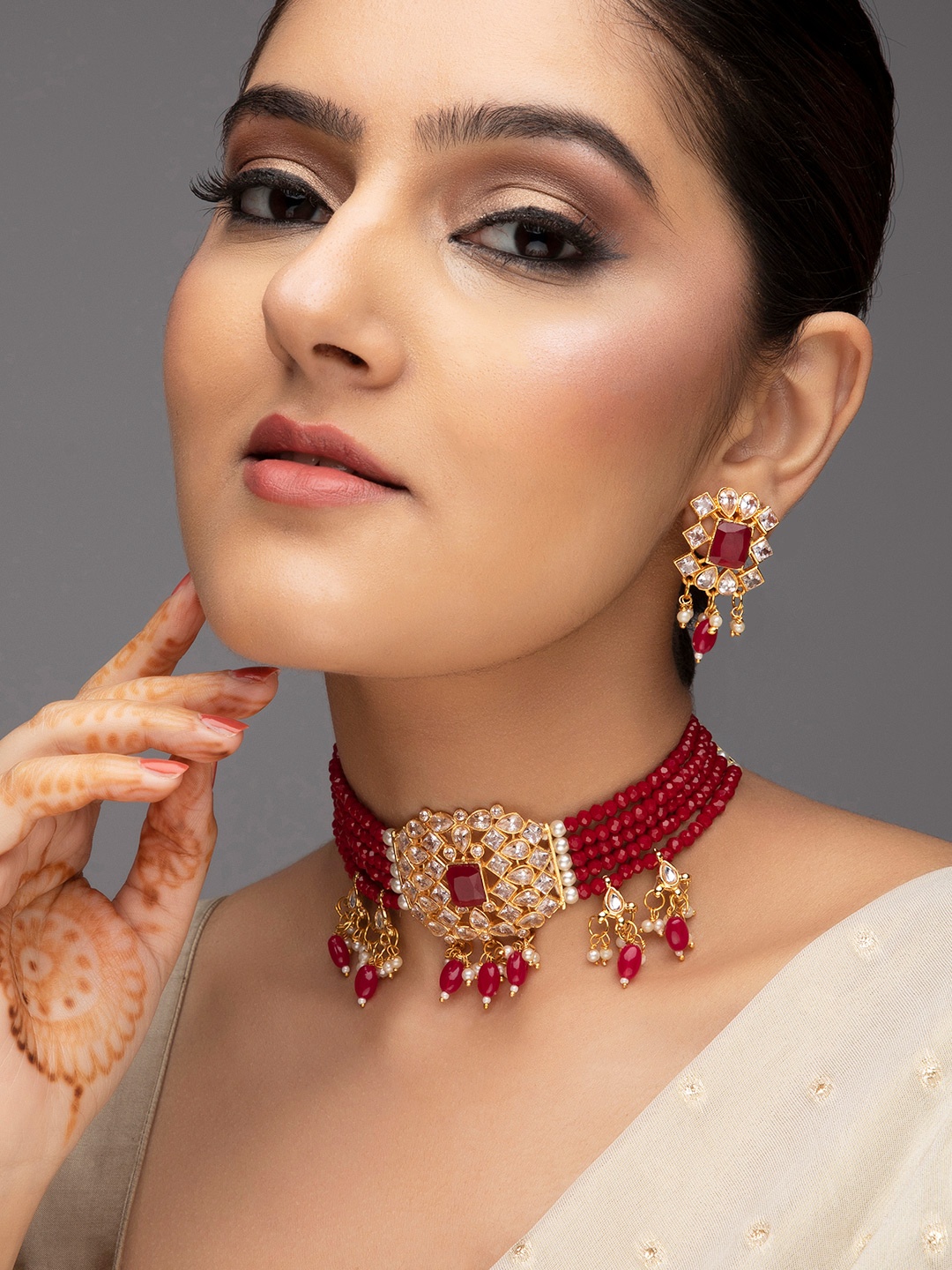 

Anouk Gold-Plated White & Maroon Stone Studded & Beaded Handcrafted Jewellery Set