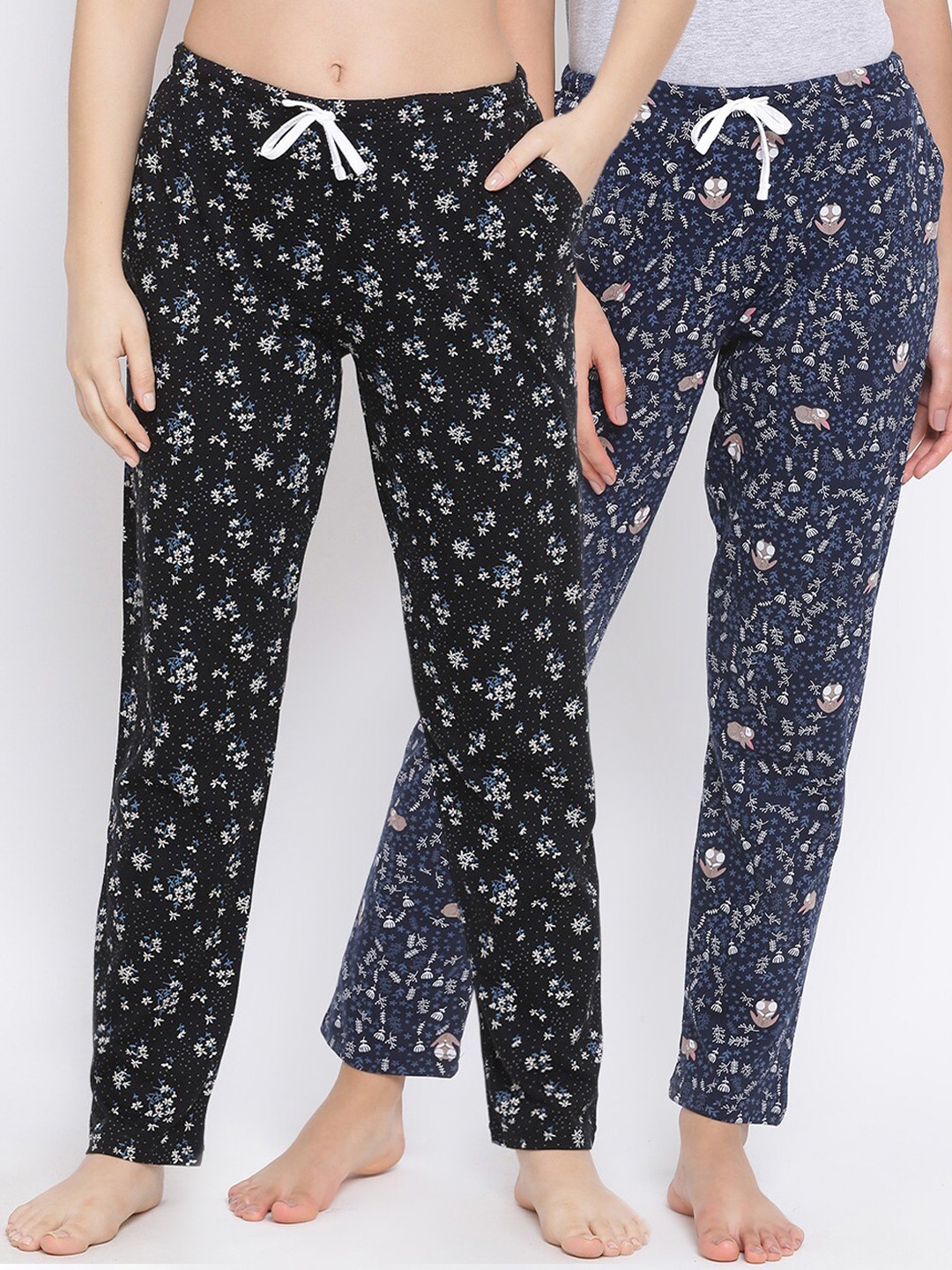 

Kanvin Women Pack Of 2 Black & Blue Printed Pure Cotton Lounge Pants