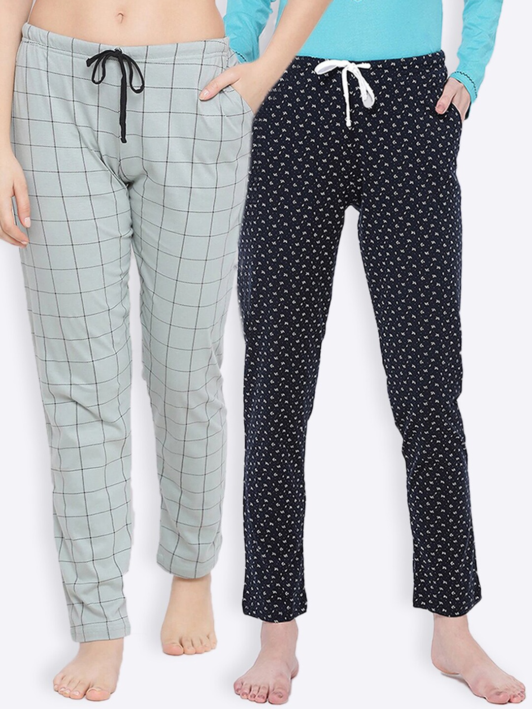 

Kanvin Women Pack Of 2 Green & Navy Blue Printed Mid-Rise Lounge Pants