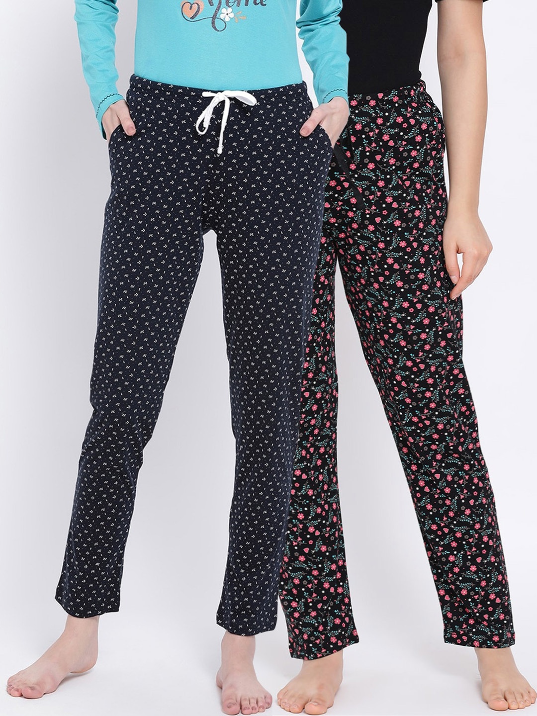

Kanvin Women Pack Of 2 Black & Navy Blue Printed Pure Cotton Lounge Pants