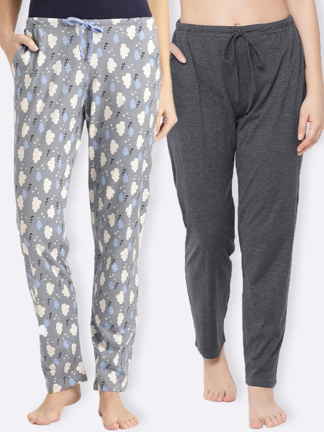 

Kanvin Women Pack of 2 Printed Cotton Lounge Pants, Charcoal