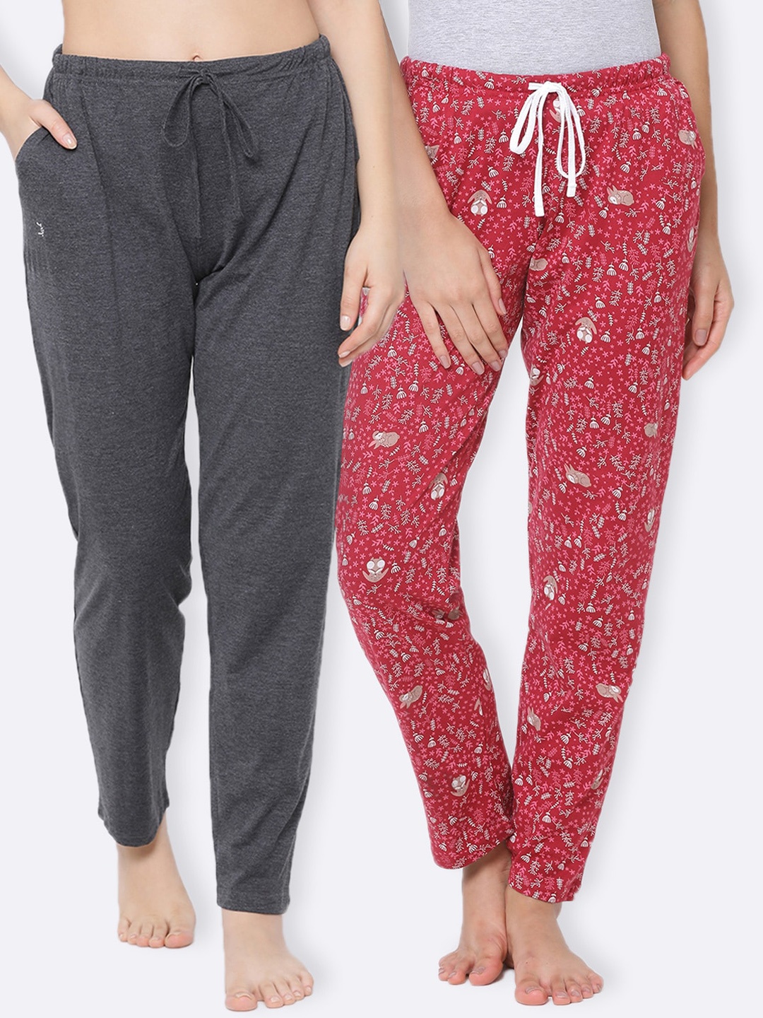 

Kanvin Women Pack Of 2 Printed Pure Cotton Lounge Pants, Charcoal