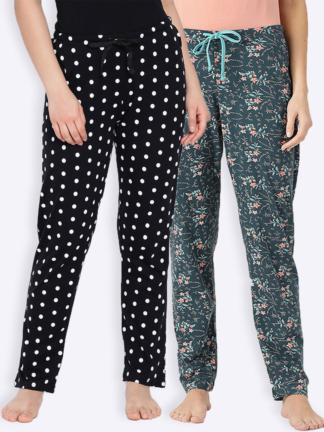 

Kanvin Women Pack Of 2 Printed Pure Cotton Lounge Pants, Black