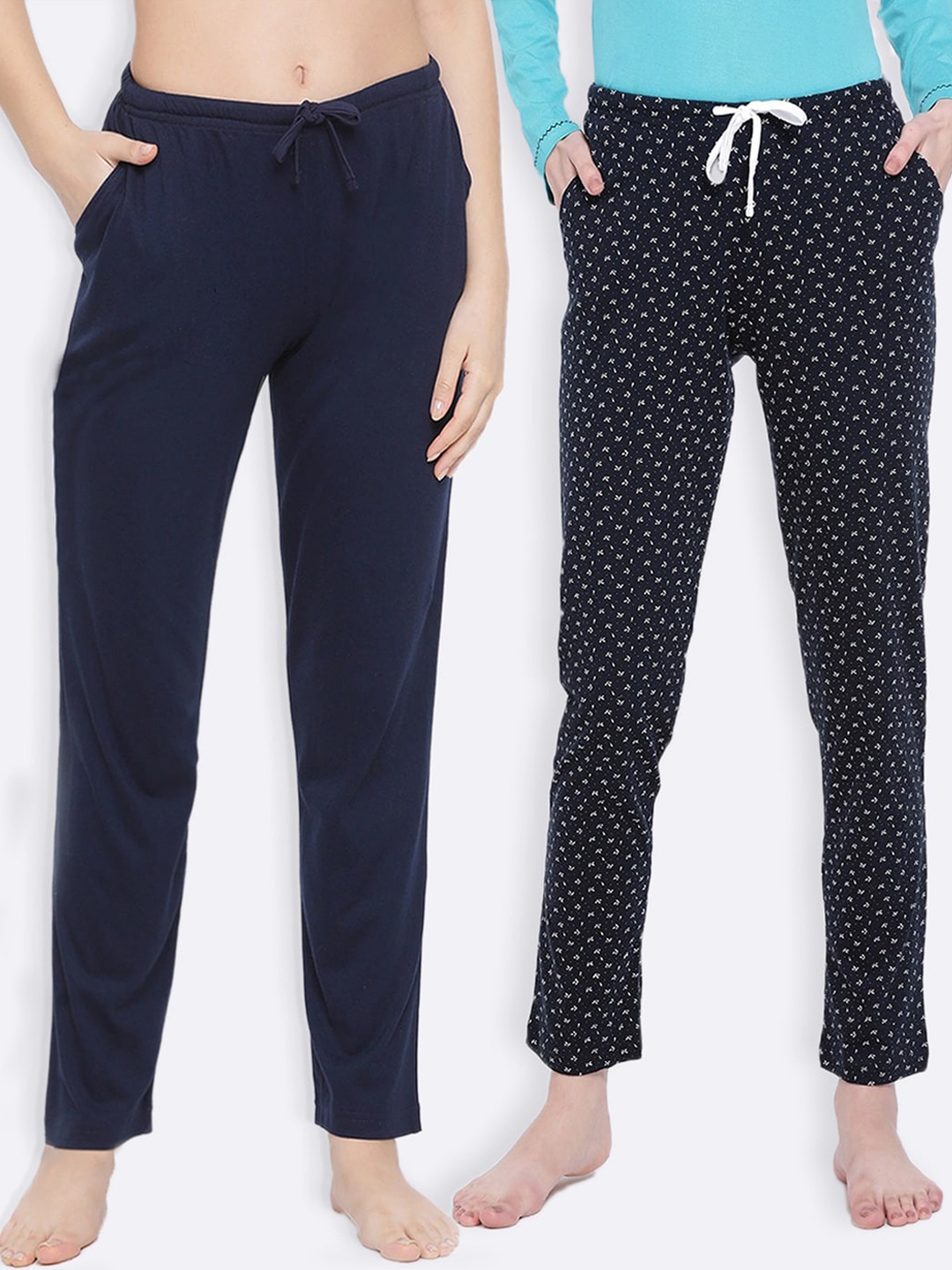 

Kanvin Women Pack Of 2 Printed Pure Cotton Lounge Pants, Navy blue