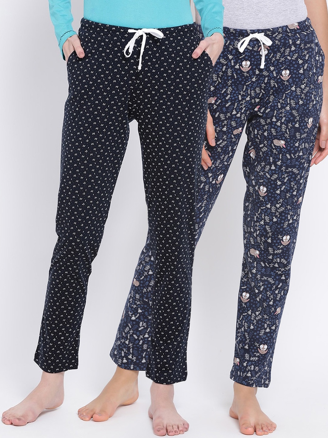 

Kanvin Women Pack Of 2 Printed Pure Cotton Lounge Pants, Navy blue