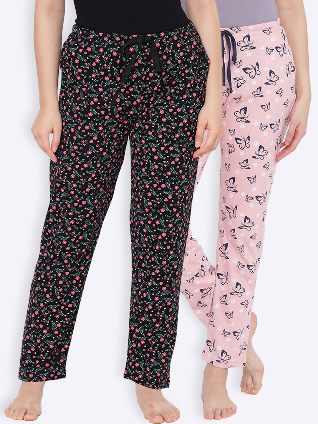 

Kanvin Women Pack Of 2 Pink & Black Printed Pure Cotton Lounge Pants