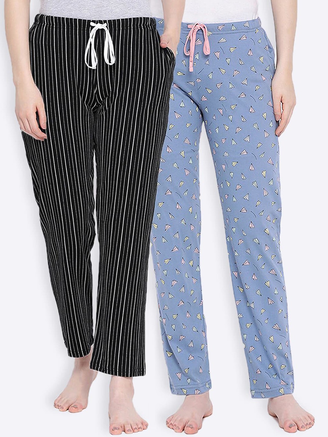 

Kanvin Women Pack Of 2 Printed Cotton Lounge Pants, Black