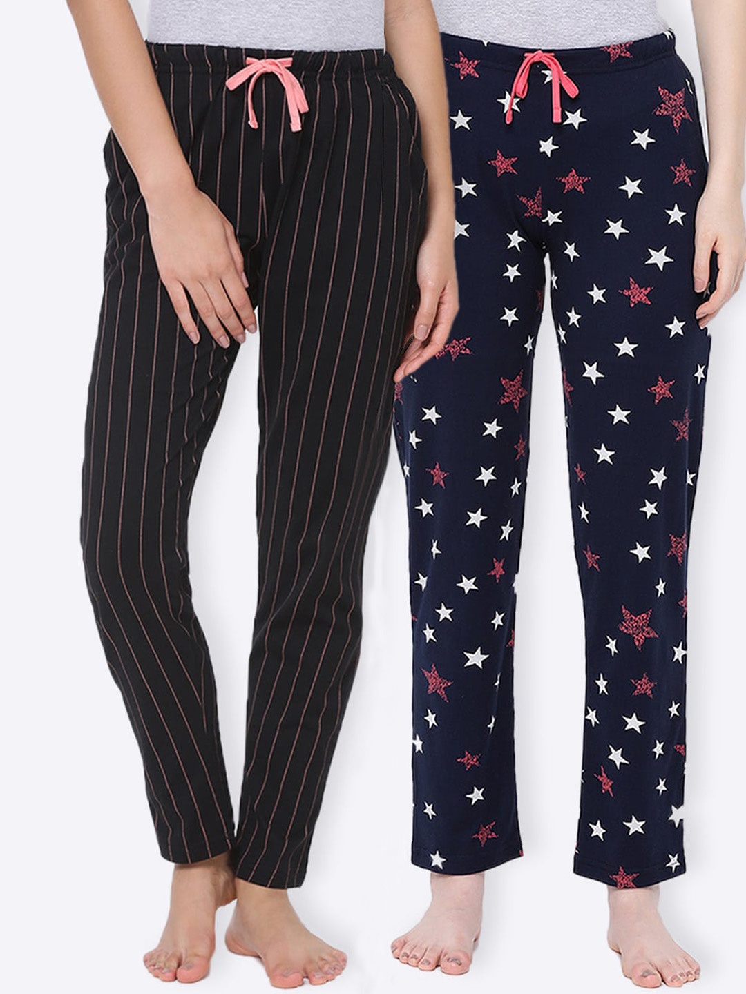 

Kanvin Women Pack Of 2 Printed Pure Cotton Lounge Pants, Navy blue