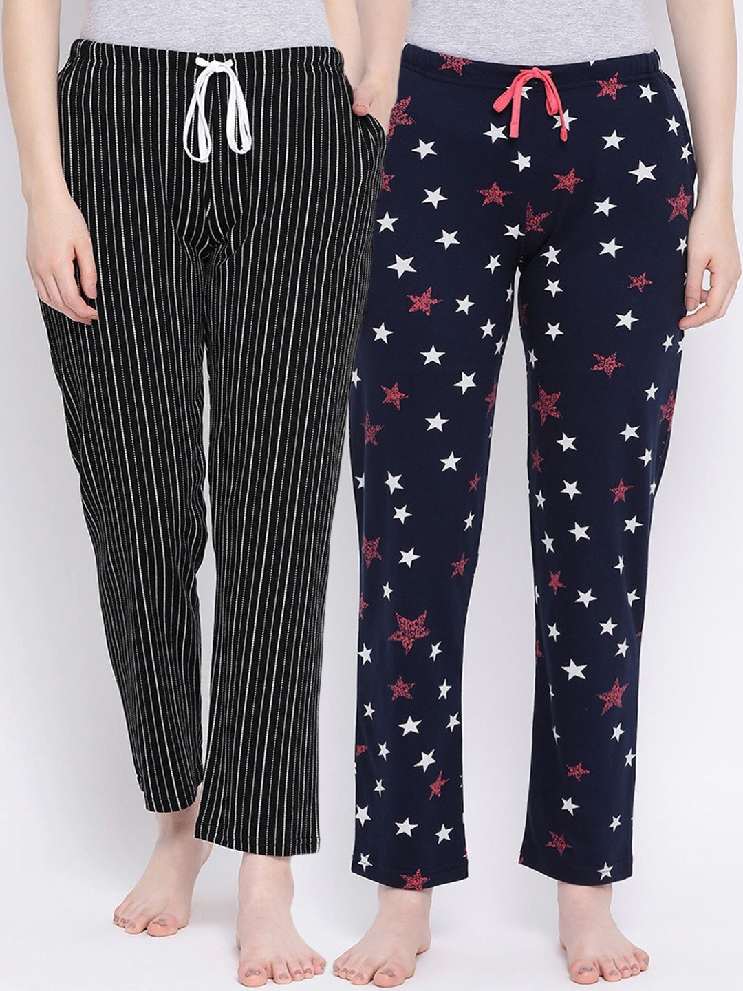 

Kanvin Women Pack Of 2 Printed Pure Cotton Lounge Pants, Navy blue