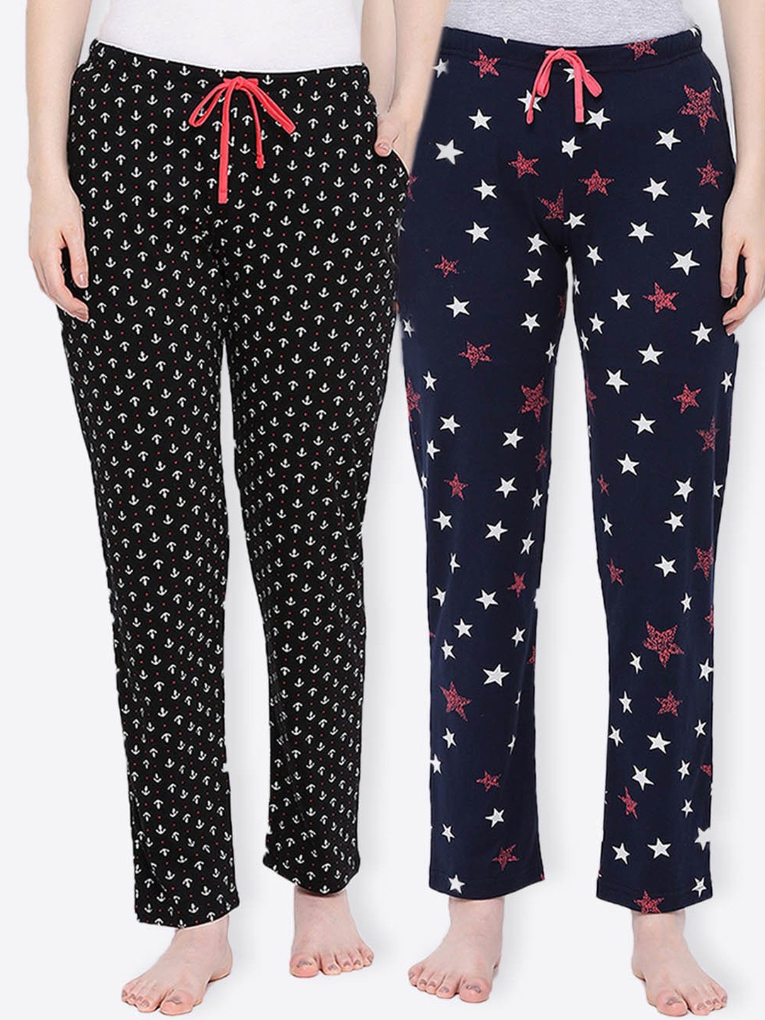 

Kanvin Women Pack Of 2 Printed Pure Cotton Lounge Pants, Black