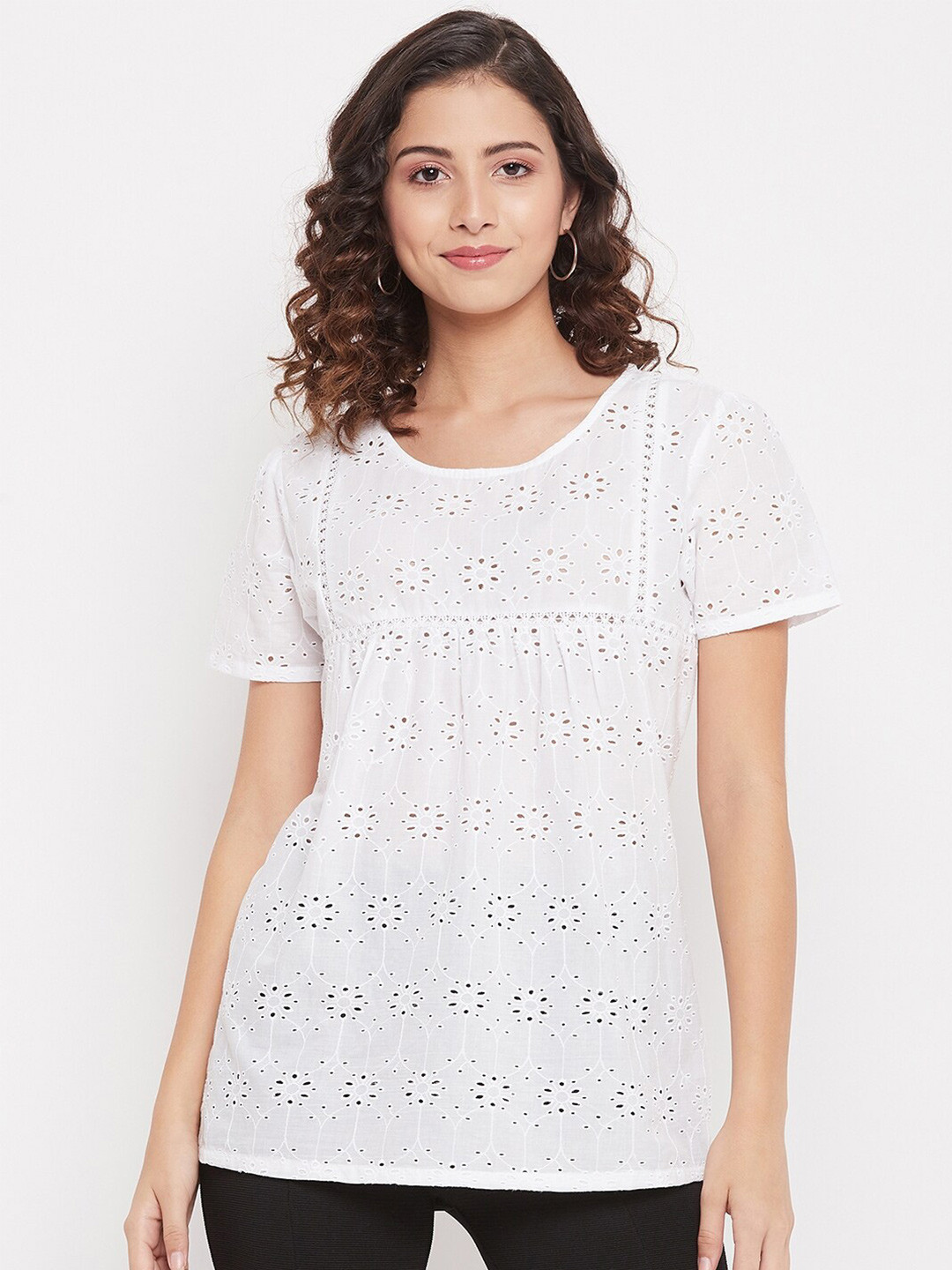 

Duke Women White Schiffli Pure Cotton Top