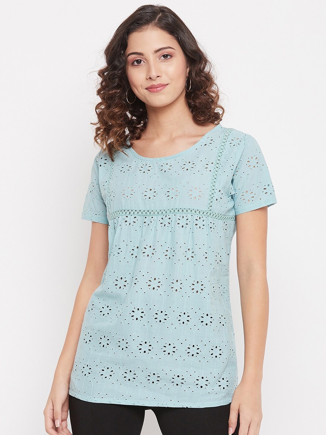 

Duke Sea Green Self Design Schiffli Pure Cotton Top