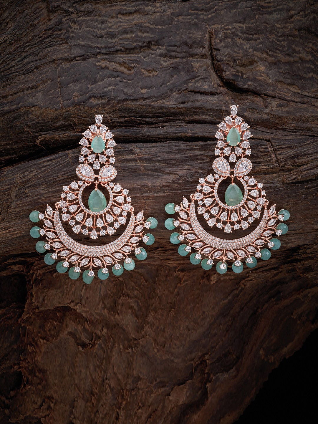 

Kushal's Fashion Jewellery Sea Green & Rose Gold Plated Crescent Shaped Chandbalis