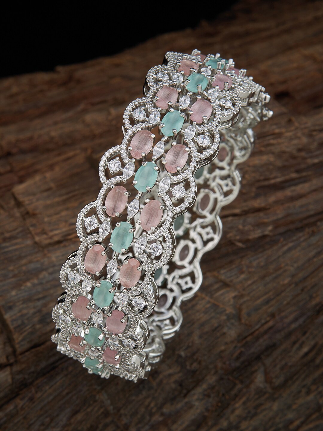 

Kushal's Fashion Jewellery Set Of 2 Rhodium-plated Pink & Sea Green CZ-Studded Bangles, Silver