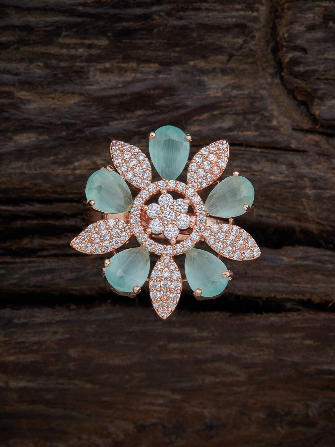 

Kushal's Fashion Jewellery Rose-Gold Plated Sea Green & White CZ Finger Ring