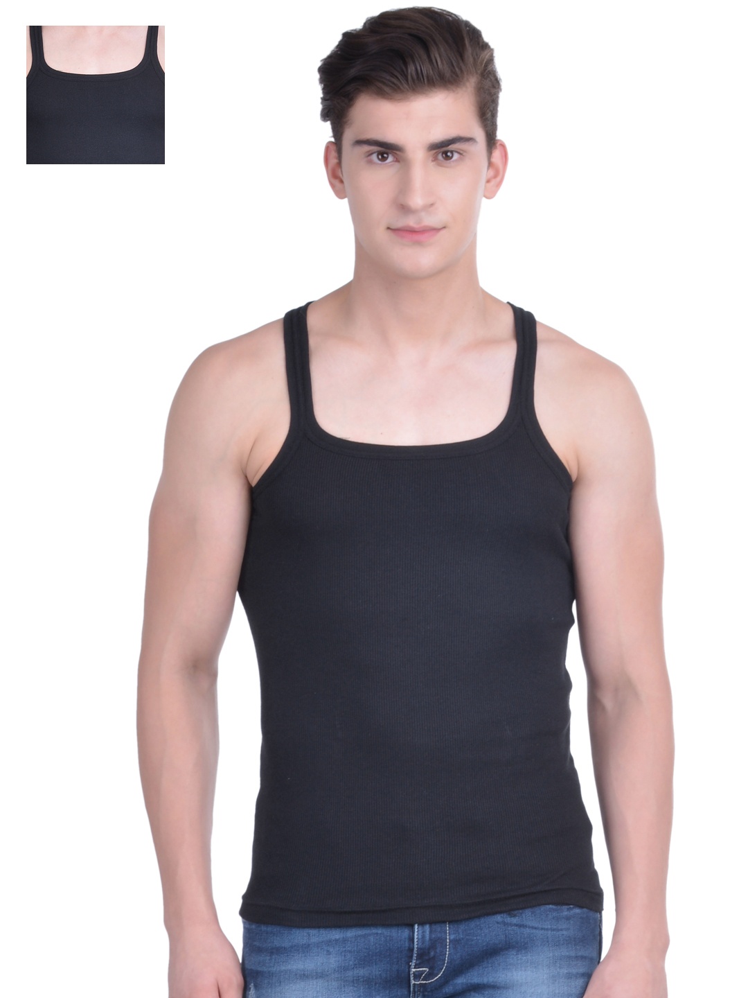 

Dollar Bigboss Men's Solid Pack of 2 Combed Cotton Racerback Styled Gym Vests MDBB-01, Black