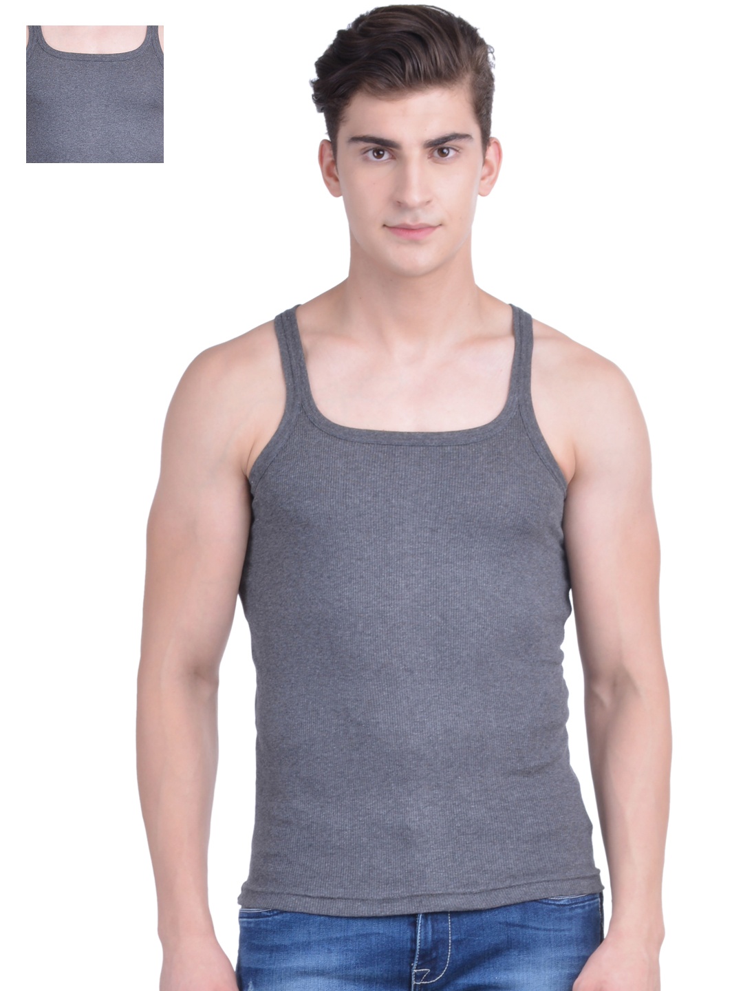 

Dollar Bigboss Men's Solid Pack of 2 Combed Cotton Racerback Styled Gym Vest MDBB-01, Grey melange