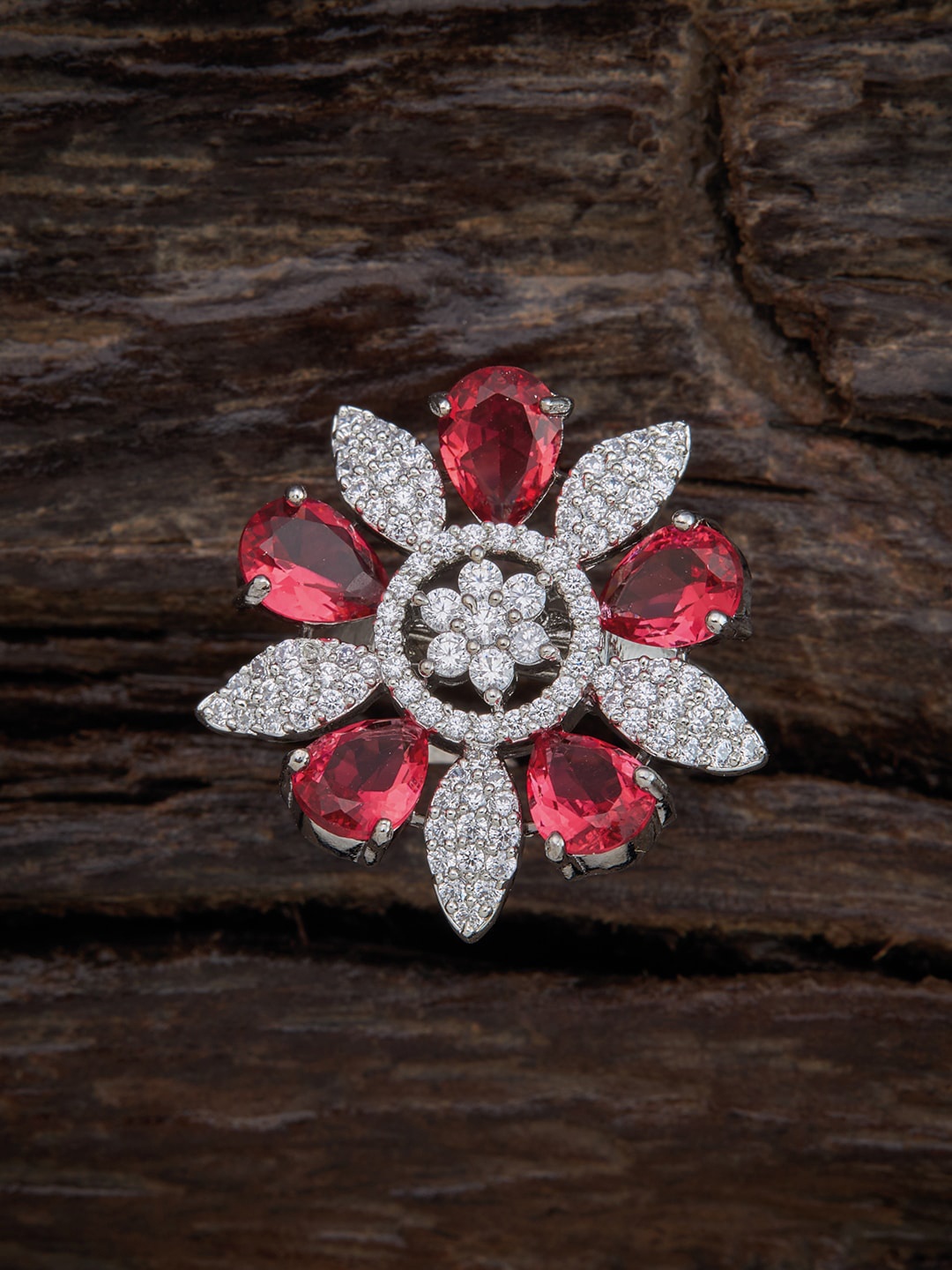 

Kushal's Fashion Jewellery Silver-Plated Red & White CZ-Studded Finger Ring