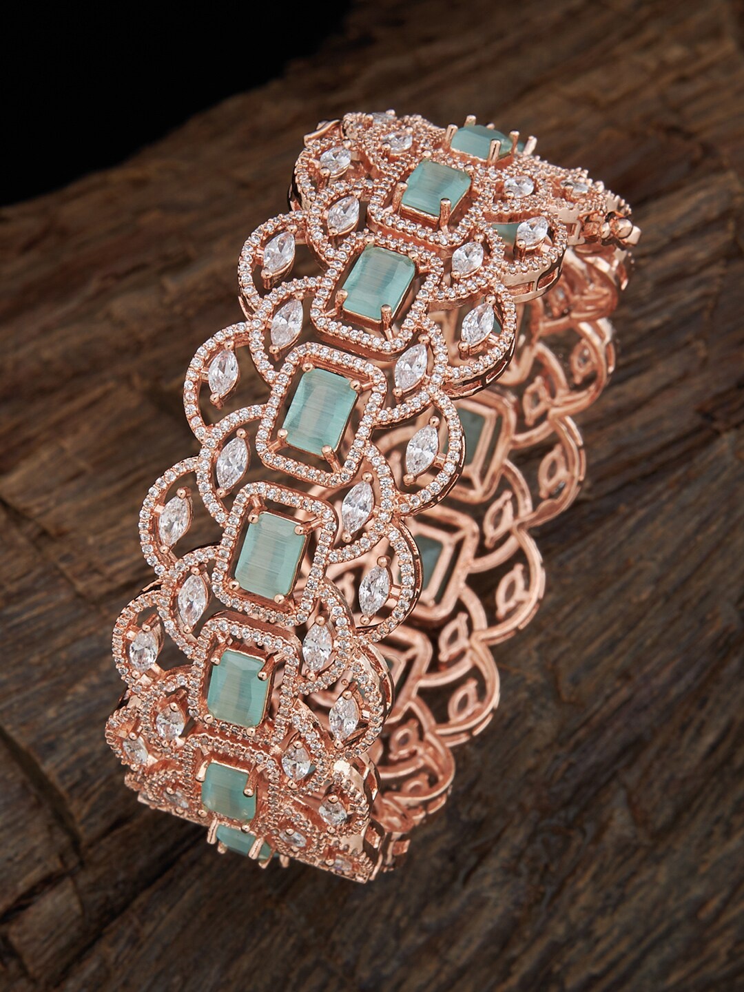 

Kushal's Fashion Jewellery Women Rose Gold Plated Sea Green & White Sparkling CZ Studded Bangle