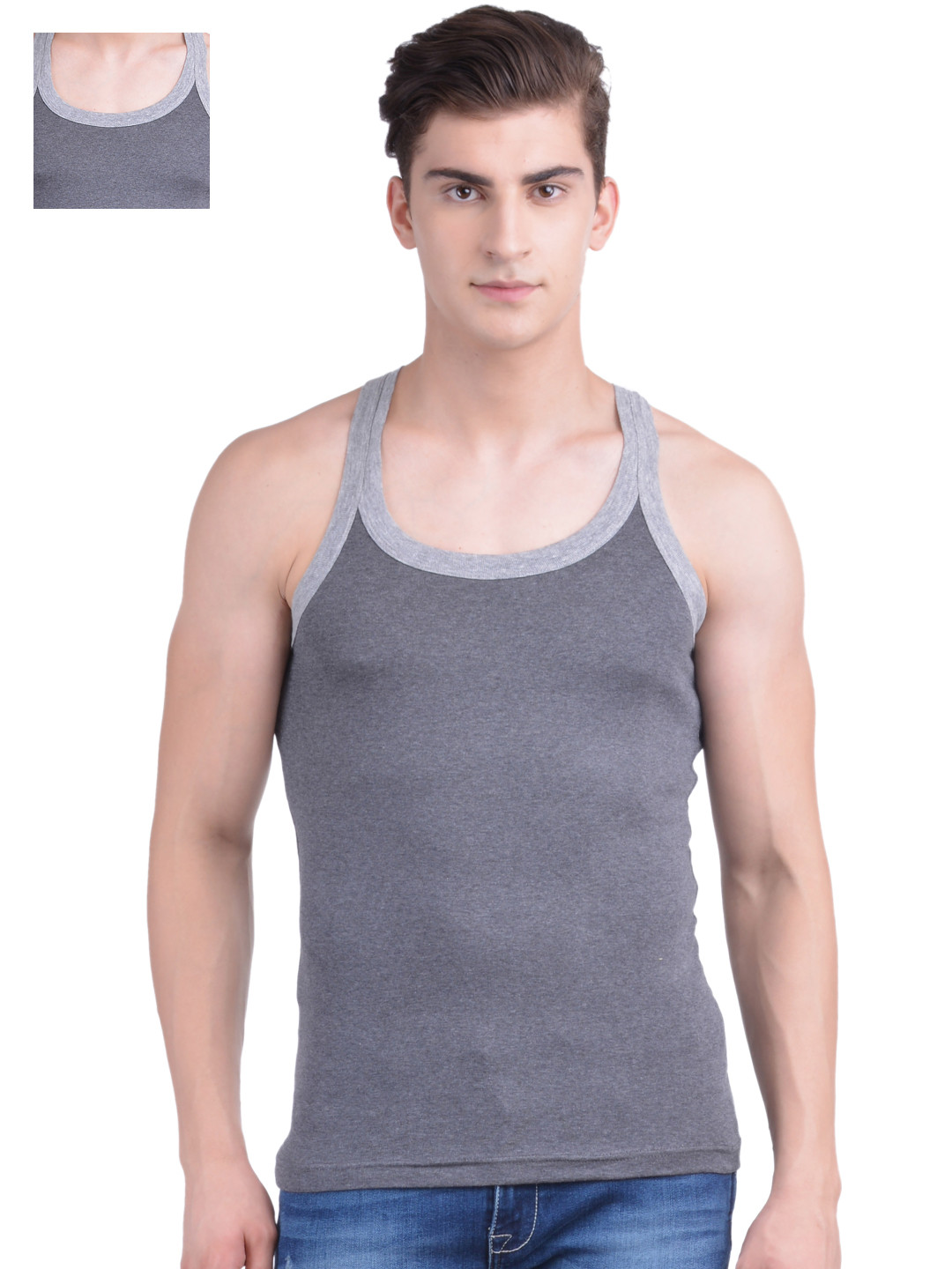 

Dollar Bigboss Men Solid Pack of 2 Premium Cotton Racerback Styled Gym Vest MDBB-10, Grey melange