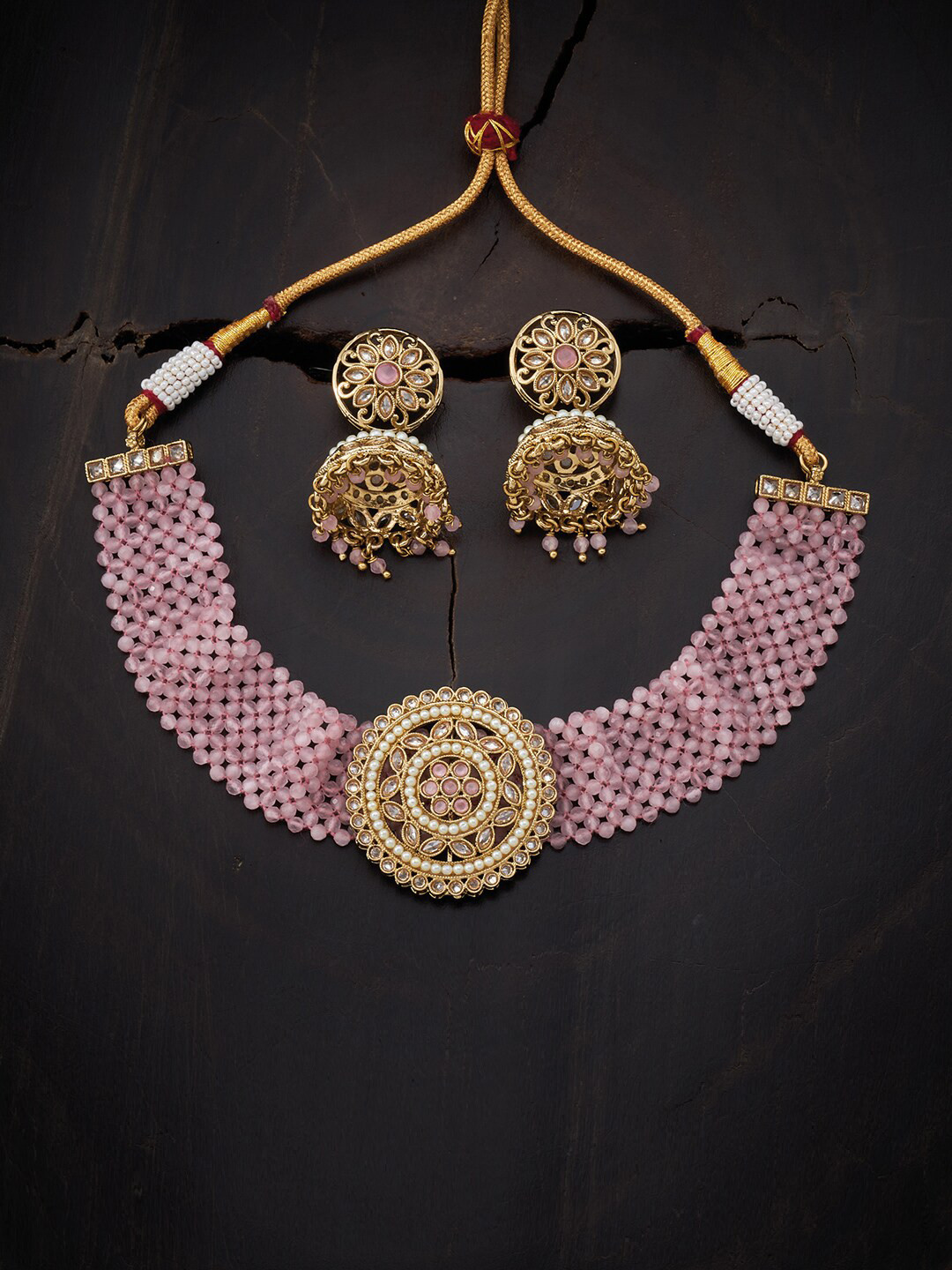 

Kushal's Fashion Jewellery Gold-Plated Pink Antique Jewellery Set