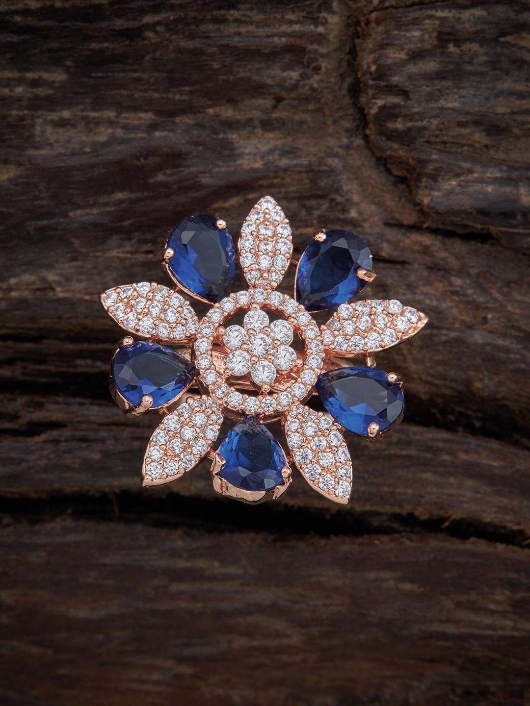 

Kushal's Fashion Jewellery Rose Gold-Plated White & Blue CZ-Studded Adjustable Finger Ring