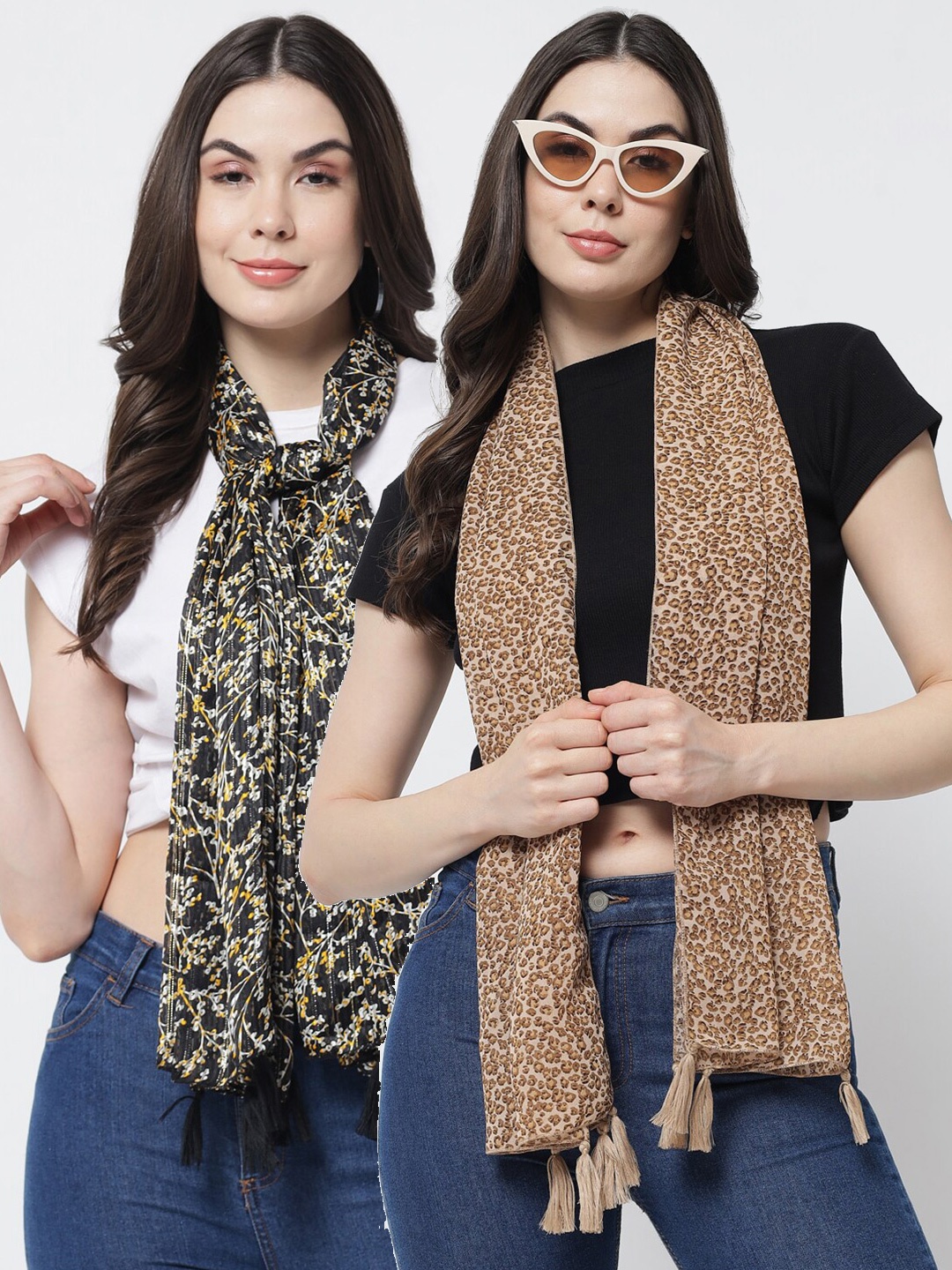 

Trend Arrest Women Black & Beige Set Of 2 Printed Scarf