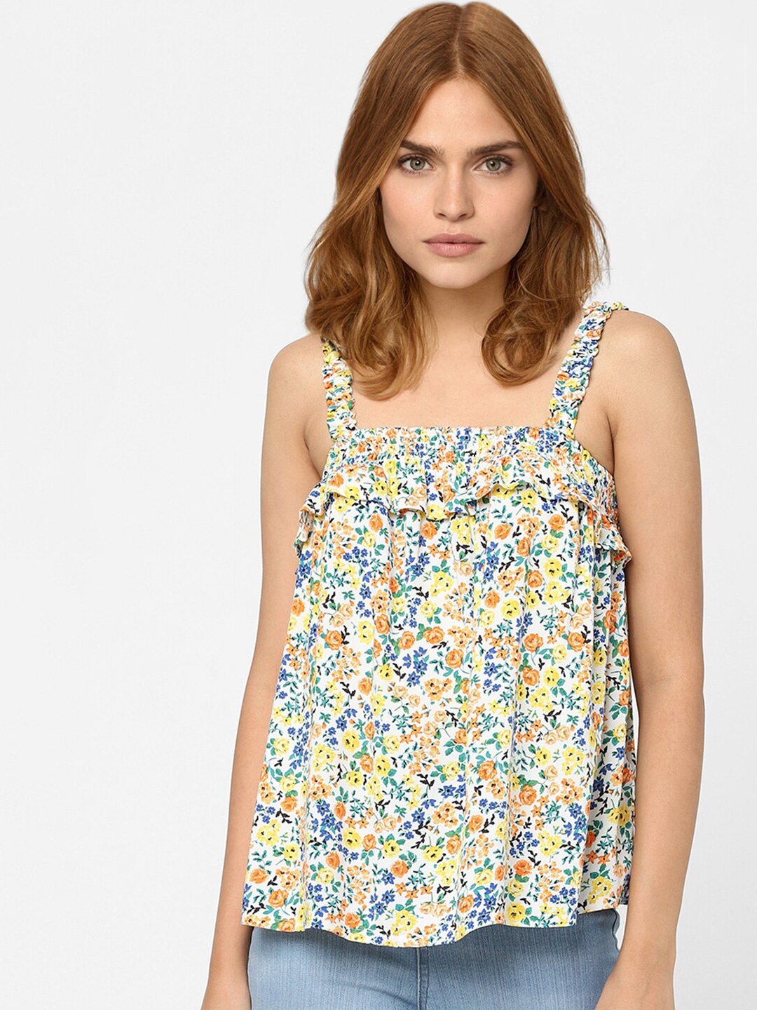 

Vero Moda White & Blue Floral Print Shoulder Strap Ruffles Top
