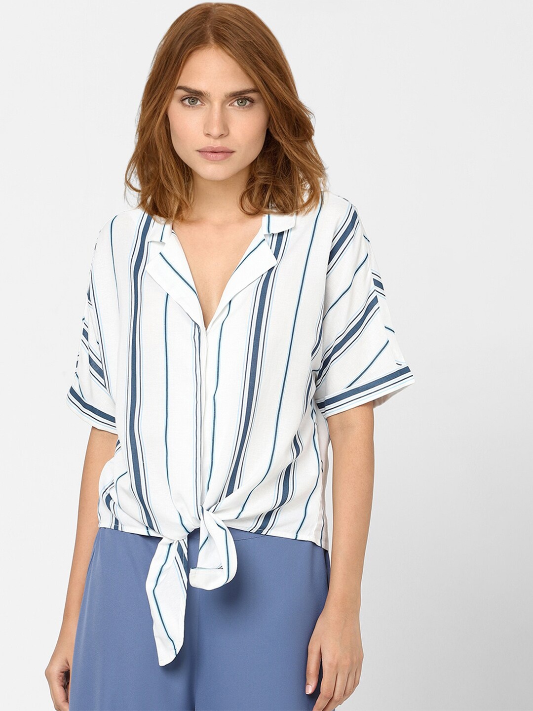 

Vero Moda White & Blue Striped Extended Sleeves Shirt Style Top