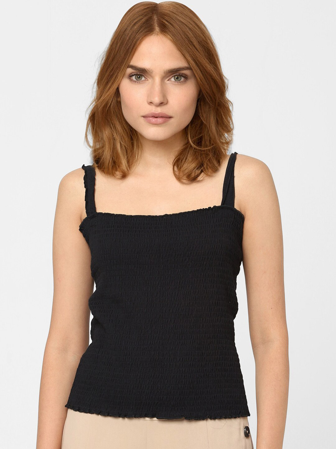 

Vero Moda Black Smocked Monochrome Pure Cotton Top