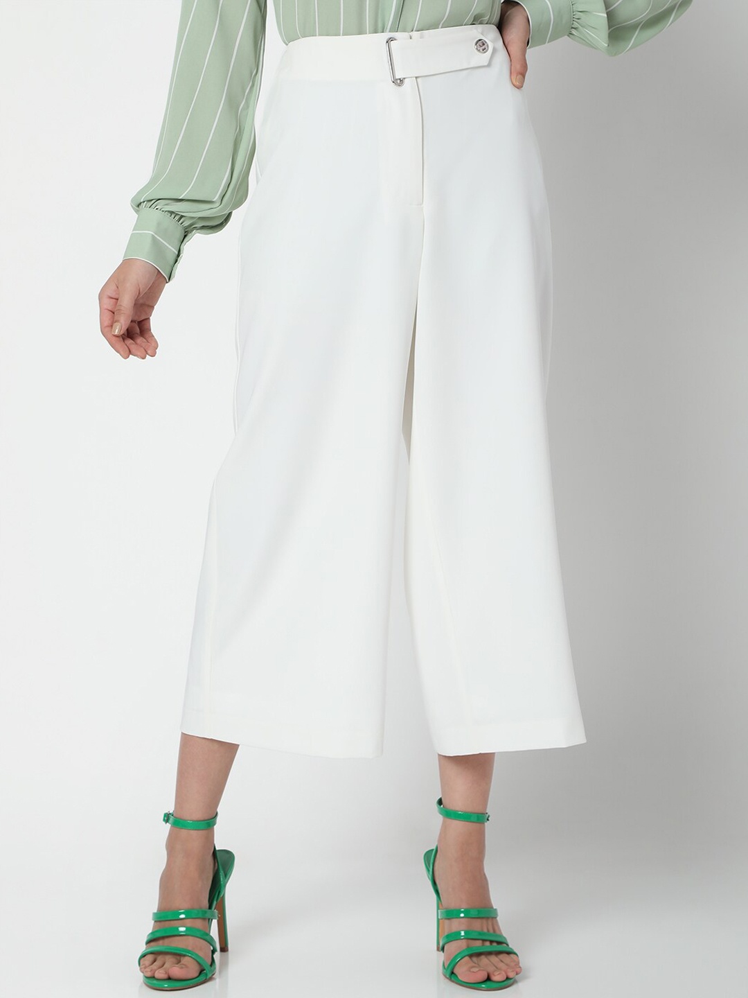 

Vero Moda Women White Solid Flared High-Rise Culottes Trousers